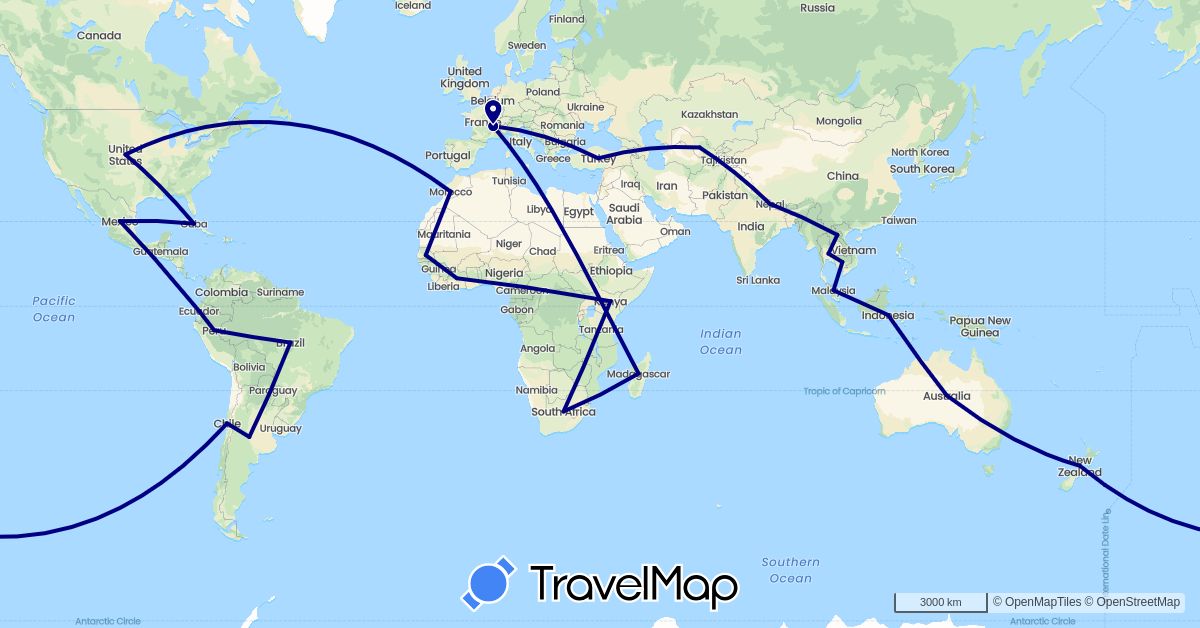 TravelMap itinerary: driving in Argentina, Brazil, Côte d'Ivoire, Chile, Cuba, Ecuador, France, Indonesia, Kenya, Laos, Morocco, Malaysia, Nepal, New Zealand, Senegal, Thailand, Turkey, United States, Uzbekistan, South Africa (Africa, Asia, Europe, North America, Oceania, South America)